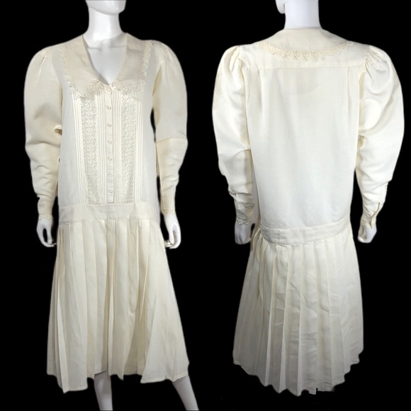 Eileen West 70’s/80’s Vintage Style Drop Waist Pleated Linen Dress - Picture 1 of 16